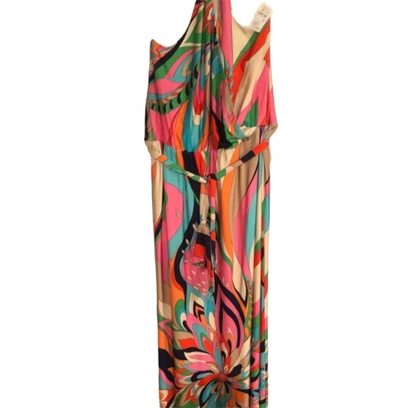 Trina Turk size 12 pink multicolored halter maxi dress retro print belted - Picture 3 of 16